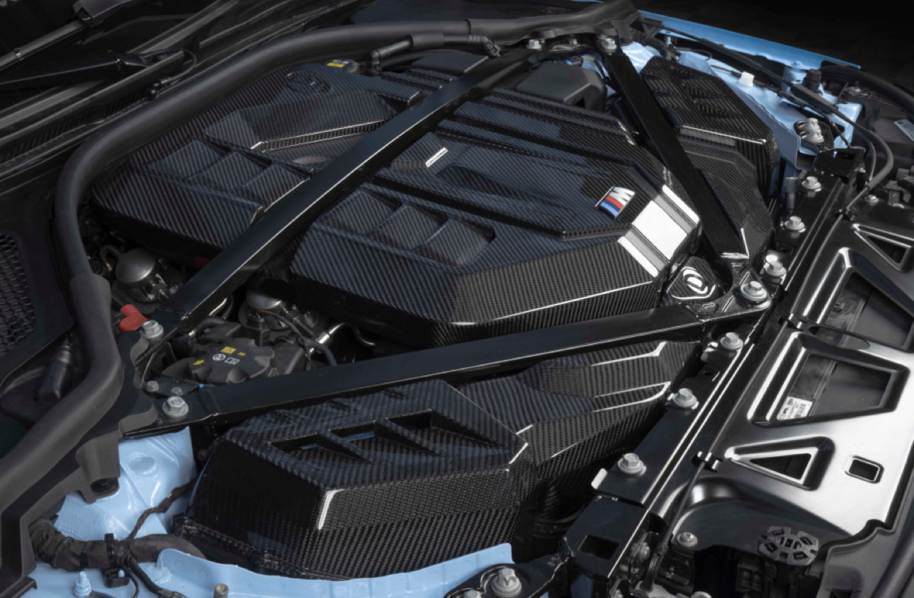 Tapa de motor de fibra de carbono brillo Dinan para BMW M3 G80 / M4 G8x / M2 G87